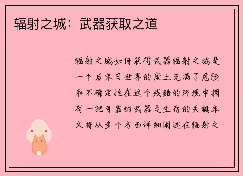 辐射之城：武器获取之道