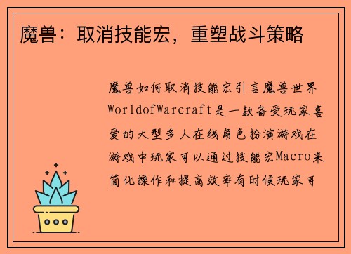 魔兽:取消技能宏,重塑战斗策略
